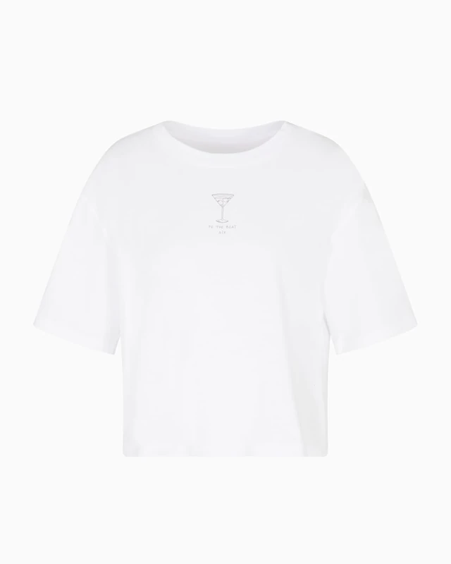 Armani Exchange Women's Short Sleeve Cocktail Print Cropped Fit T-Shirt, White, M - Image 1