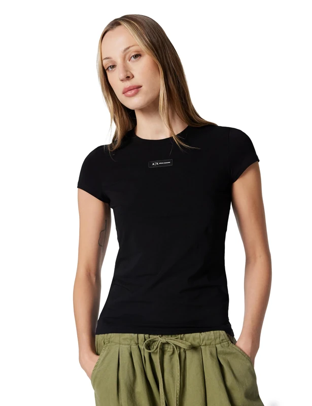 Armani Exchange Women's Cross Gender, Short Sleeve Front Logo Patch T-Shirt, Black, XS