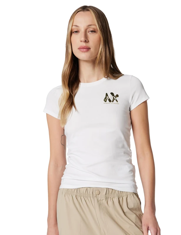 Armani Exchange Women's Short Sleeve Side Gold Logo Print Slim Fit T-Shirt, White, L