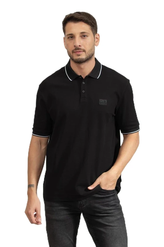 Armani Exchange Men's Short-Sleeved Side Logo Patch Three-Button Collar Polo Shirt, Black, M