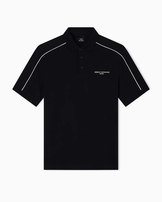 Armani Exchange Men's Short Sleeve Stripes Side Logo Three-Button Collar, Polo Shirt, Black, M, Black, M