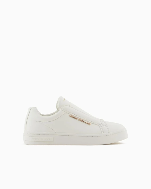 Armani Exchange Women's London, Metal Gold Logo, Slip On Sneaker, Off White, 7 UK