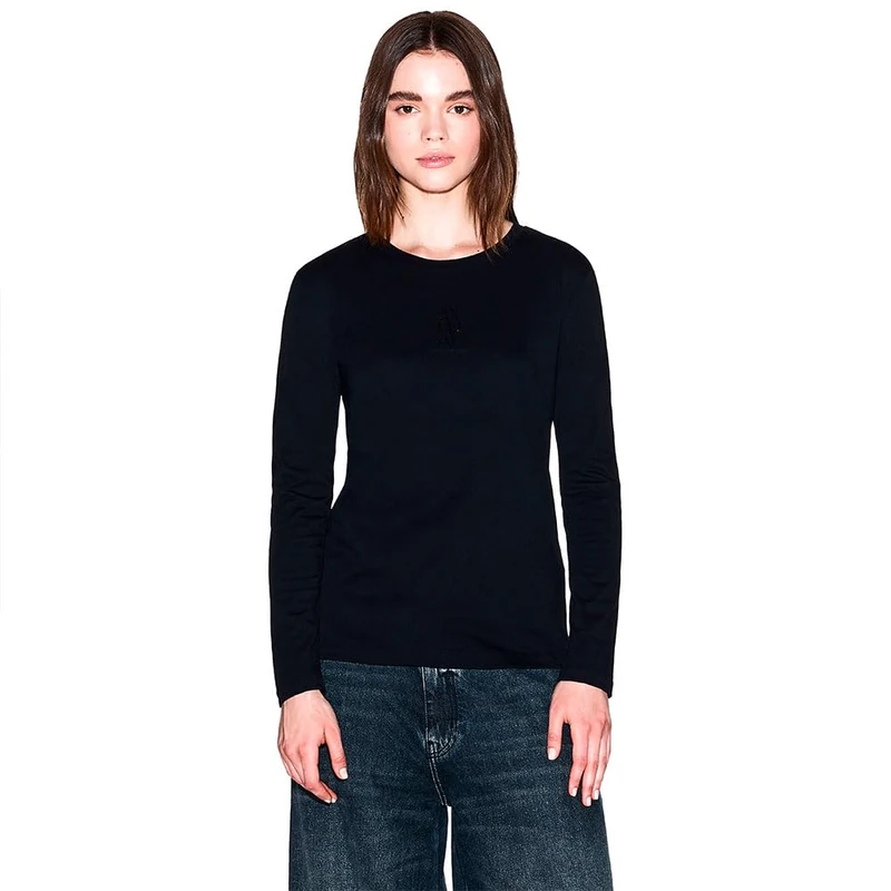 Armani Exchange Women's Long Sleeve Rhinestone Front Logo Print Regular Fit Shirt, Black, L