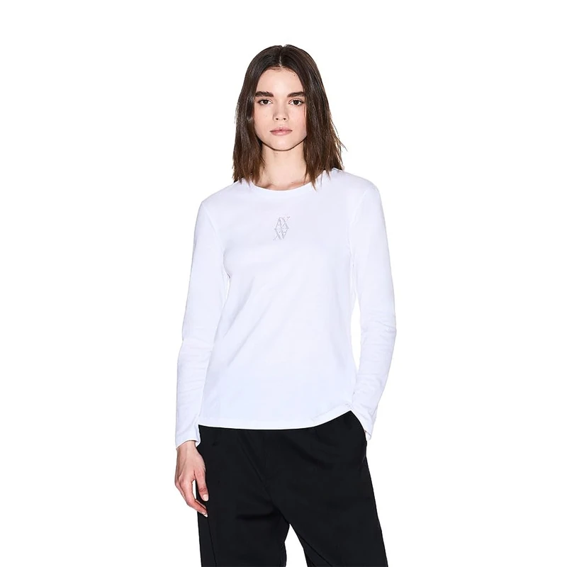 Armani Exchange Women's Long Sleeve Rhinestone Front Logo Print Regular Fit Shirt, White, L