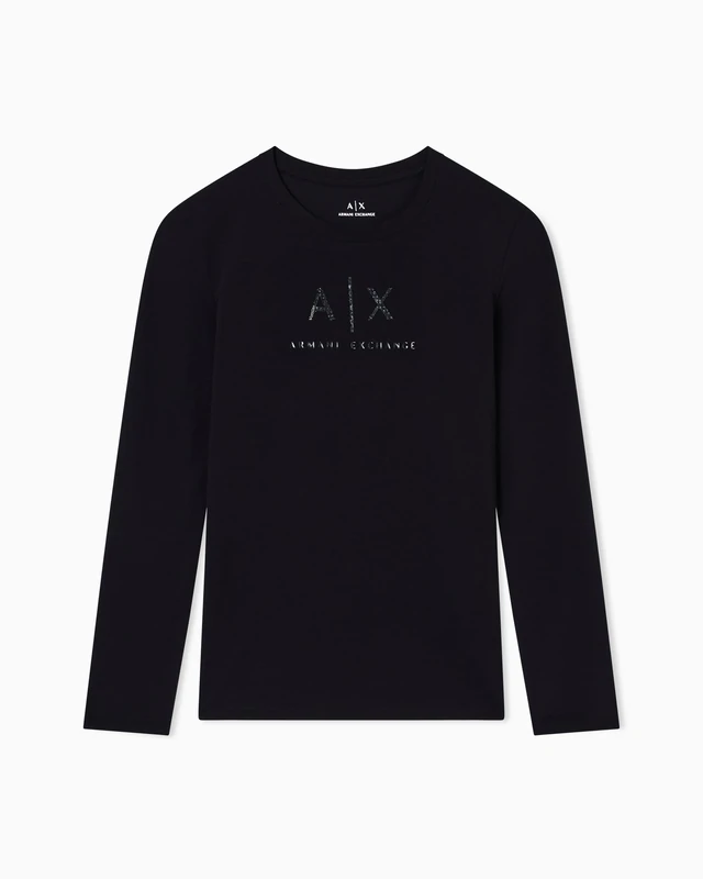 Armani Exchange Women's Long Sleeve Front Rhinestone Logo Slim Fit Shirt, Black, XXL