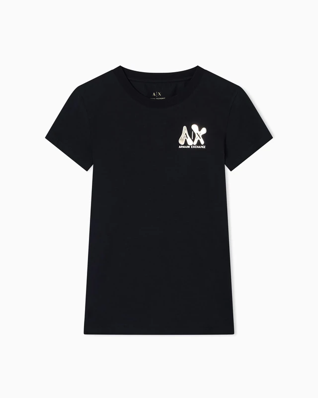 Armani Exchange Women's Short Sleeve Side Gold Logo Print Slim Fit T-Shirt, Black, S