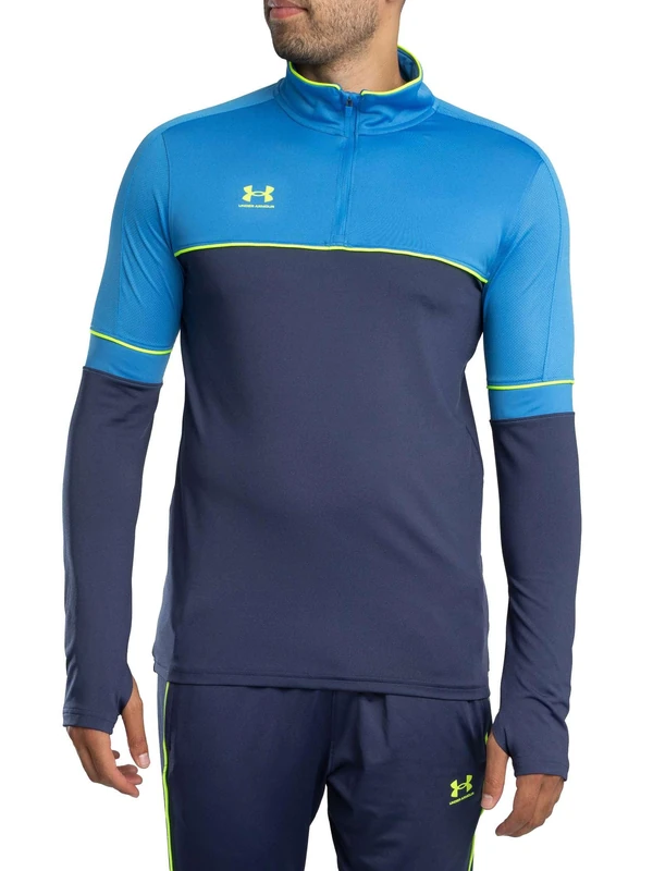 Under Armour Men's Challenger Training Quarter Zip, Tough, Lightweight and Breathable Tracksuit Top for Sports and Athletics, Men's Quarter-Zip Top with Thumbholes,Washed Navy / / High Vis Yellow,LG