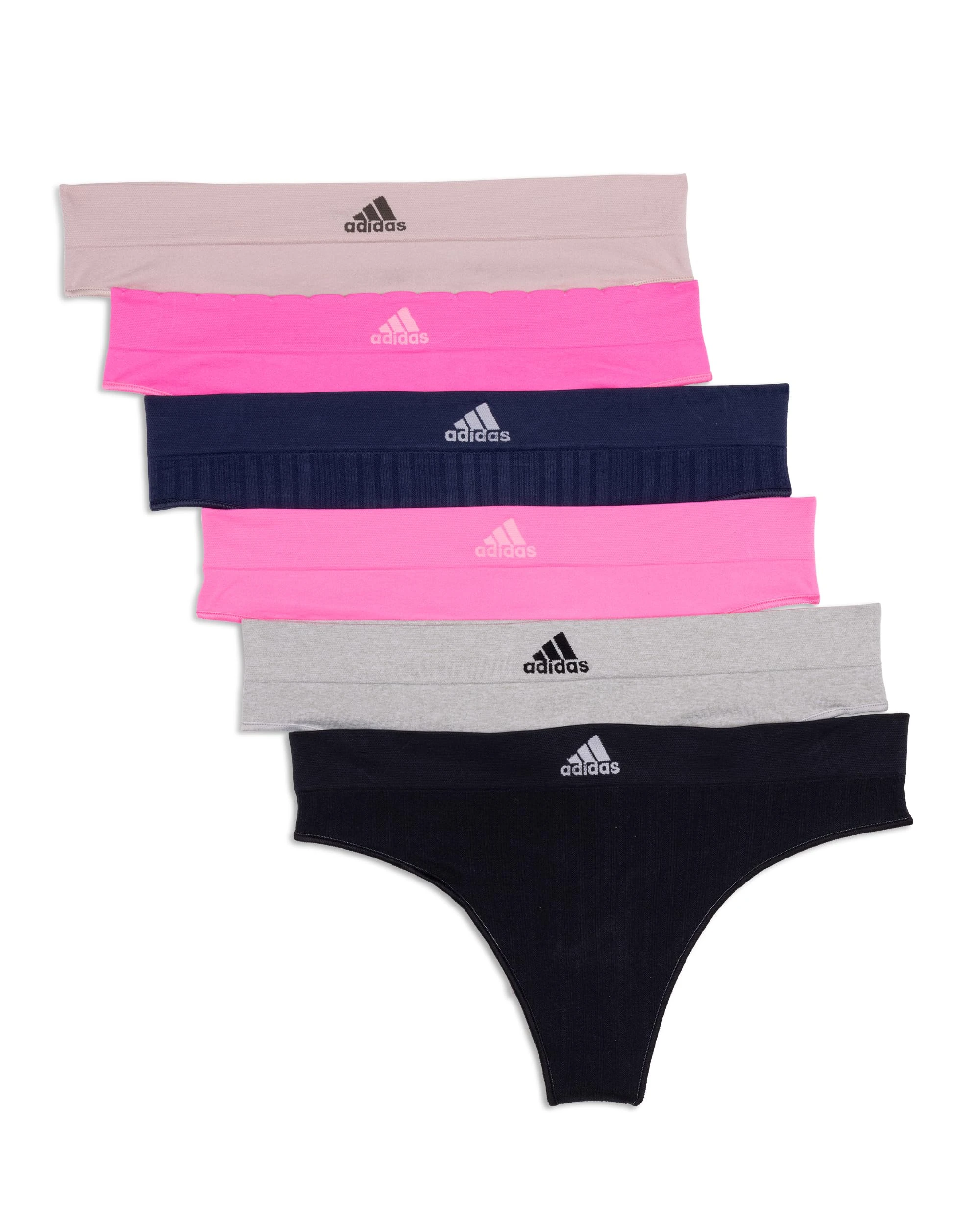 adidas Women's Seamless Thong Underwear Multipack Panties, Night Indigo Ribbed/Lucid Pink/Wonder Taupe/Black Ribbed/Heather Grey/Lucid Pink, L (Pack of 6)