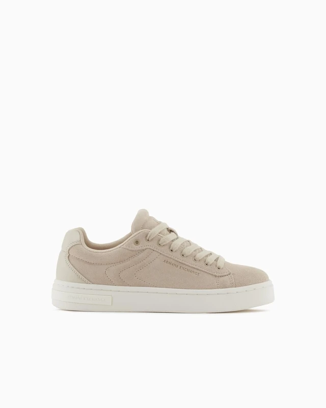 Armani Exchange Women's London Leather Gold Logo Trainers, Sand, 4.5 UK