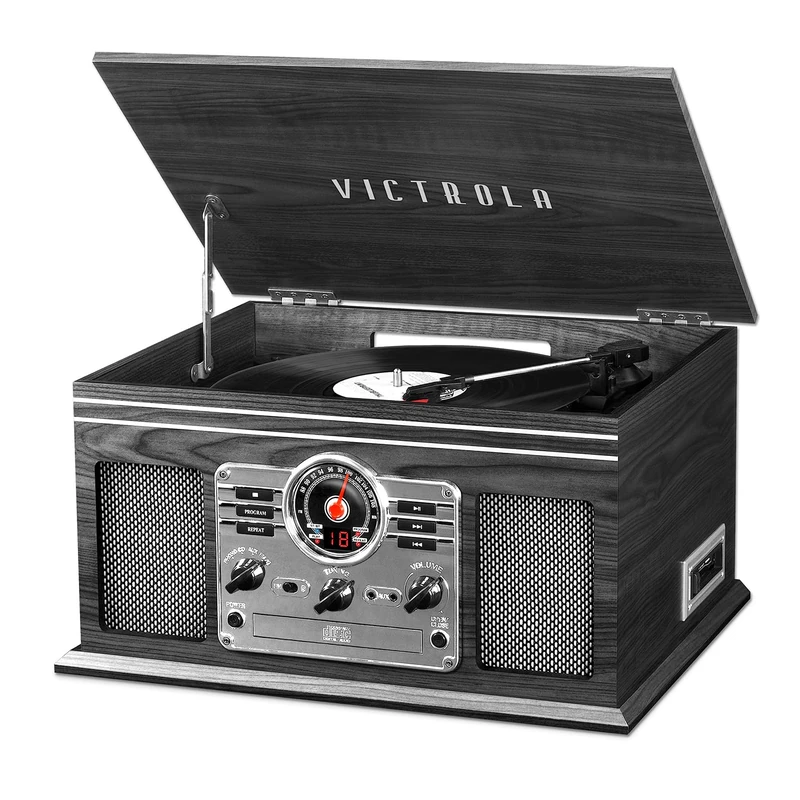 Victrola The Quincy 6-in-1 Bluetooth Record Player & Multimedia Centre with Built-in Speakers – 3-Speed Turntable, CD & Cassette Player, AM/FM Radio, Wireless Music Streaming (Grey)