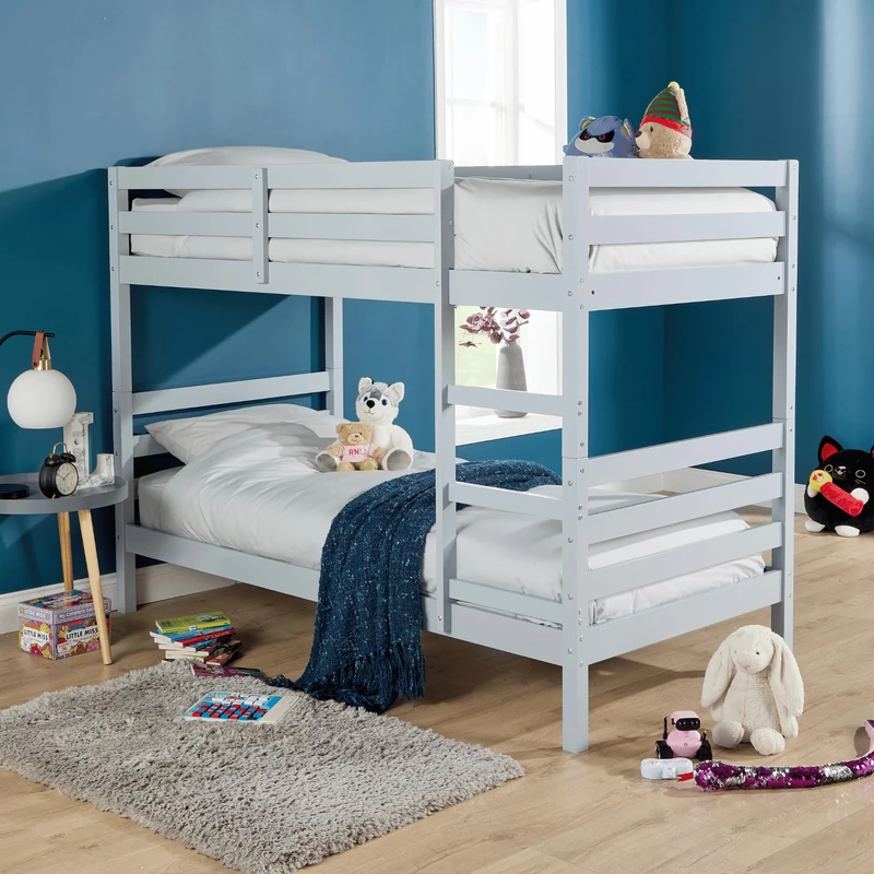 Home Source Single Kids Bunk Bed With Ladder, 3ft Children's Solid Pine Frame, Grey