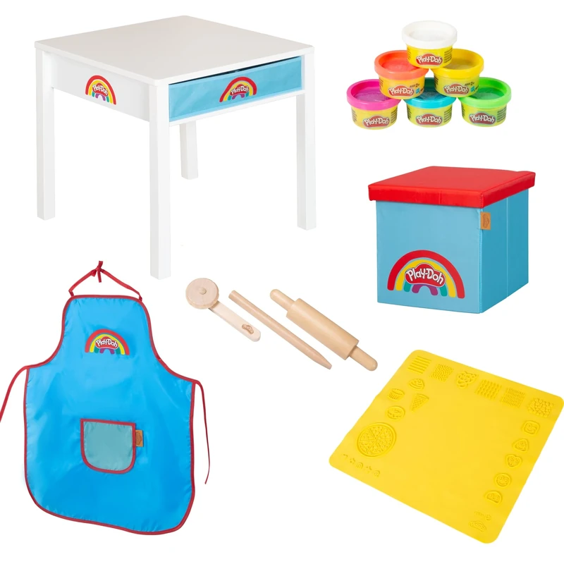 roba x Play-Doh Craft Table with Stool - Playset Made of FSC-Certified Wood with 6 Dough Cans, Wooden Tools, 3D Creative Mat, Apron & Storage Box - from 3 Years