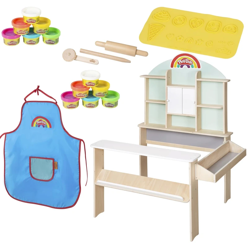 roba x Play-Doh Toy Shop for Kids - Playset Made of FSC-Certified Wood with 12 Dough Cans, 3 Wooden Tools, Apron & 3D Creative Mat - Educational Value - from 3 Years