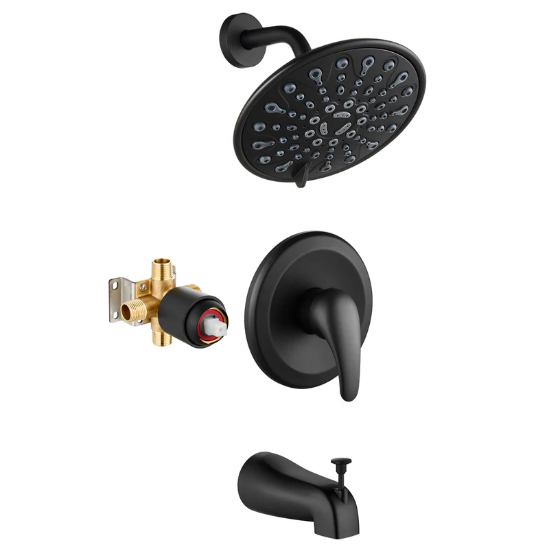 gotonovo Bathtub Shower Faucet Set, Shower Head and Handle Set, 5 Modes 6" Round Shower Head Set with Tub Spout, High Pressure, 2 Functions, Combination System, Shower Panel Set with Valve