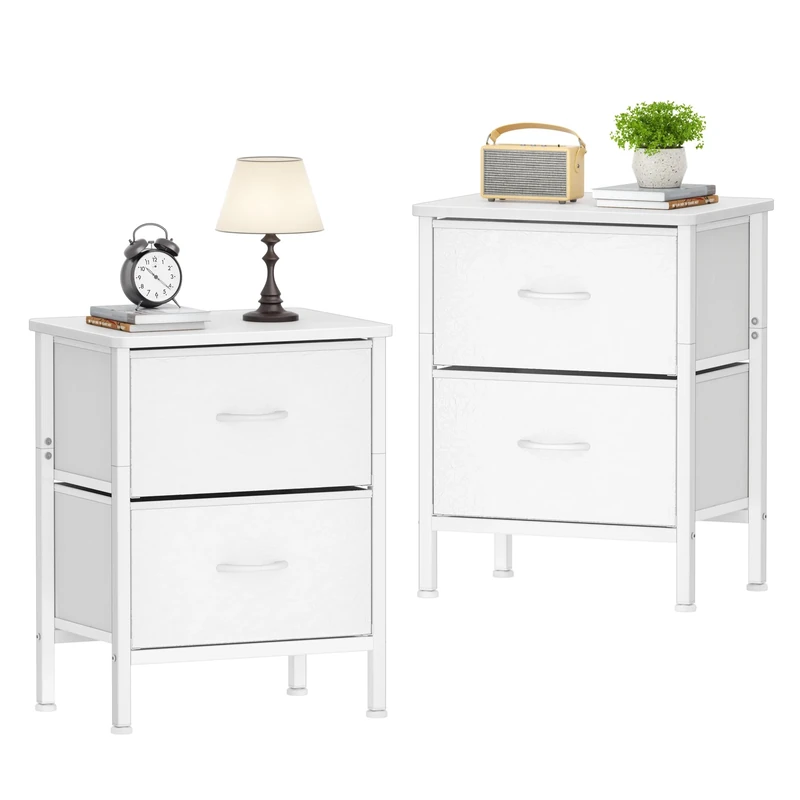 HOMIDEC Bedside Table Set of 2,Side Table with Metal Frame and 2 Large Capacity Fabric Drawers,Large Capacity Storage Bedside Cabinet for Bedroom,Living Room and Sitting Room ect. White