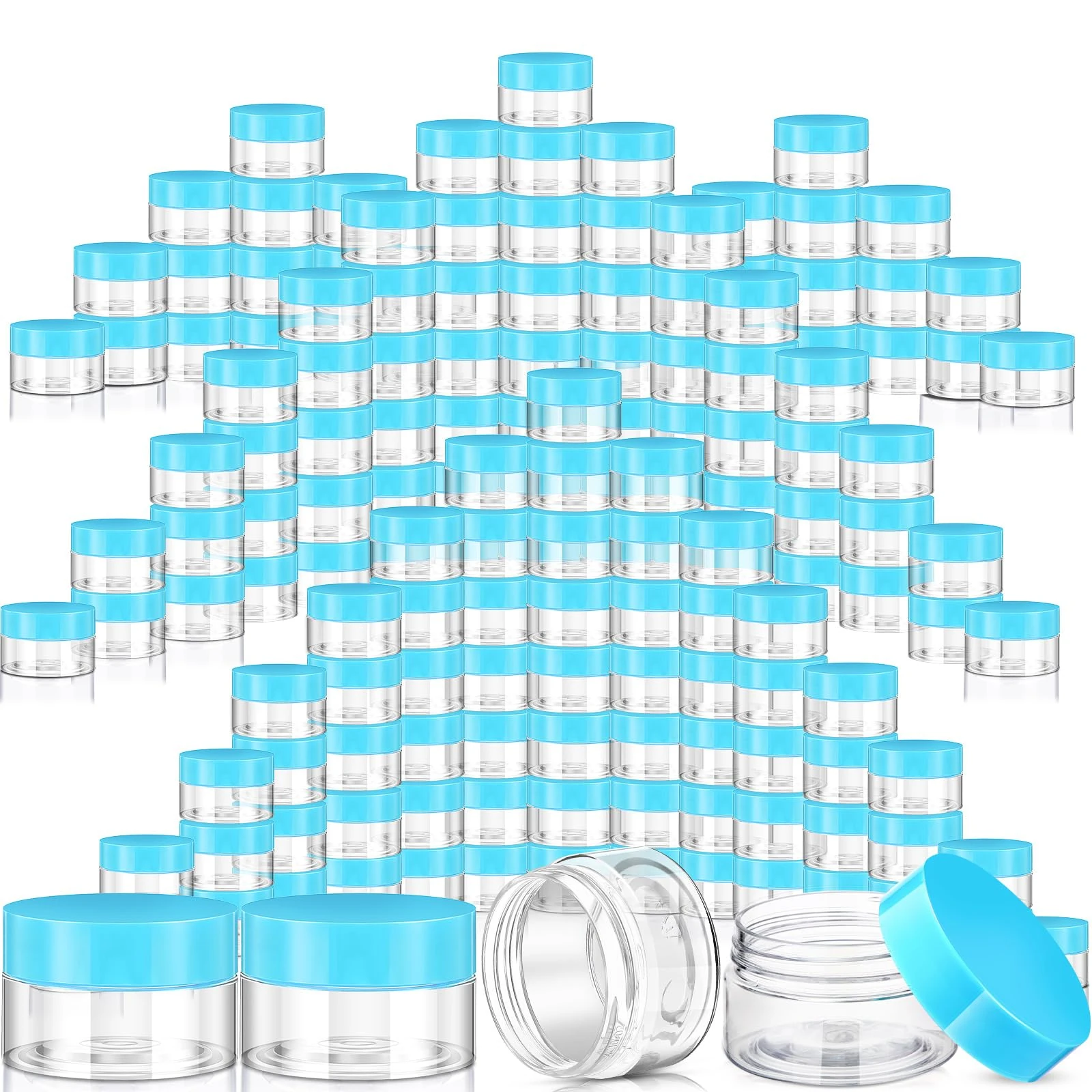 SATINIOR 100 Pcs Plastic Jars with Lids Small Containers Lids Wide Mouth Small Plastic Containers for Lotion Cream Rhinestones Body Butters Travel Storage(1 oz,Blue)