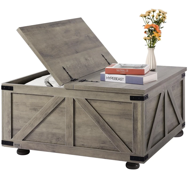 VEVOR 36" Farmhouse Coffee Table, Hinged Square Coffee Table with Large Storage Compartment, Wooden Rustic Cocktail for Living Room, Bedroom, Apartment, Studio, Beige
