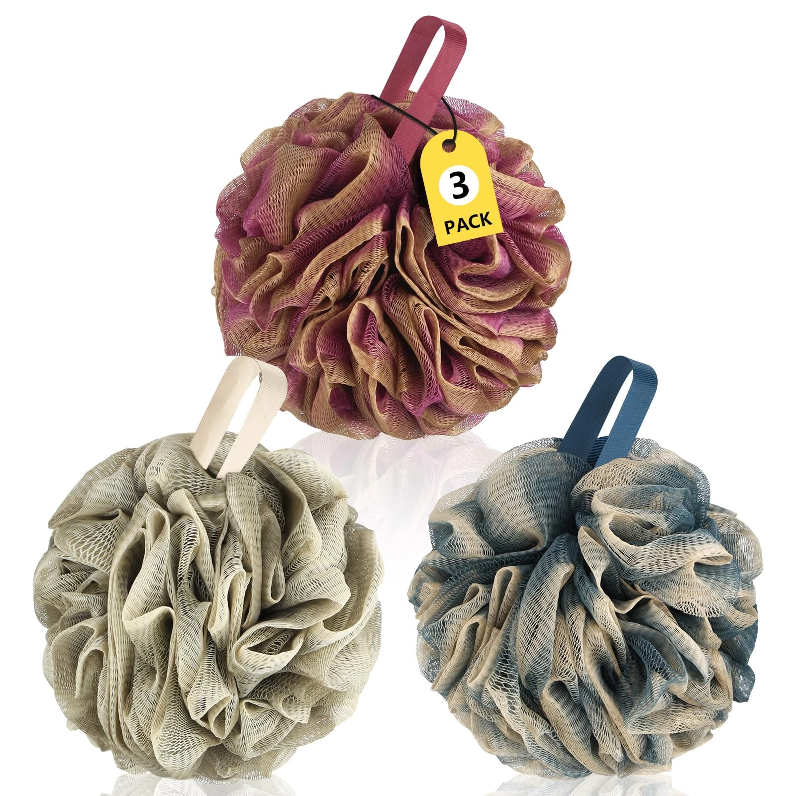 Shower Puff Loofah Sponge Extra Large,Set of 3,70G/PC, Soft Body Scrubber Bath Sponge for Women and Men,Scrunchie Mesh Pouf Bathroom Sponge Skin Exfoliating