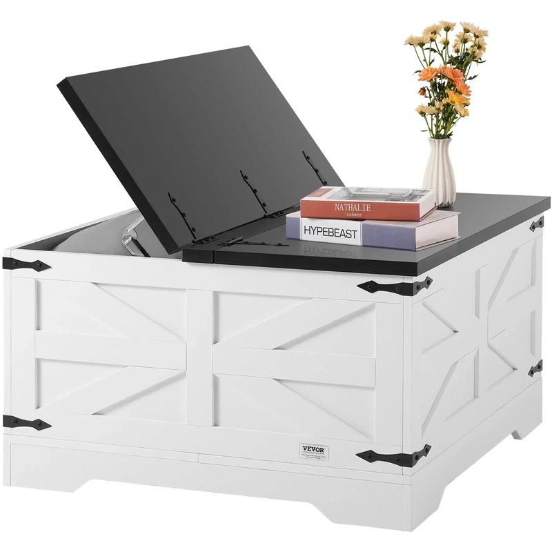 VEVOR 31.5" Farmhouse Coffee Table, Hinged Square Coffee Table with Large Storage Compartment, Wooden Rustic Cocktail Table for Living Room, Bedroom, Apartment, Studio, Gray & White