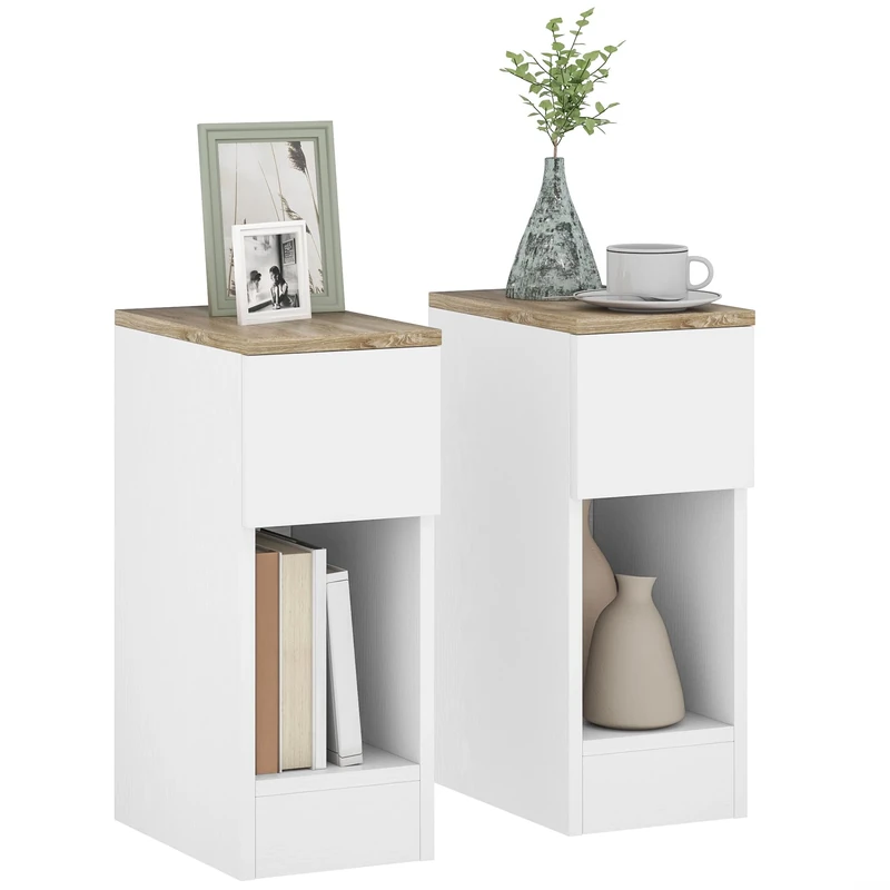HOMCOM Bedside Tables Set of 2, Modern Side Tables with Drawer and Shelf, Nightstands for Bedroom, Living Room, White