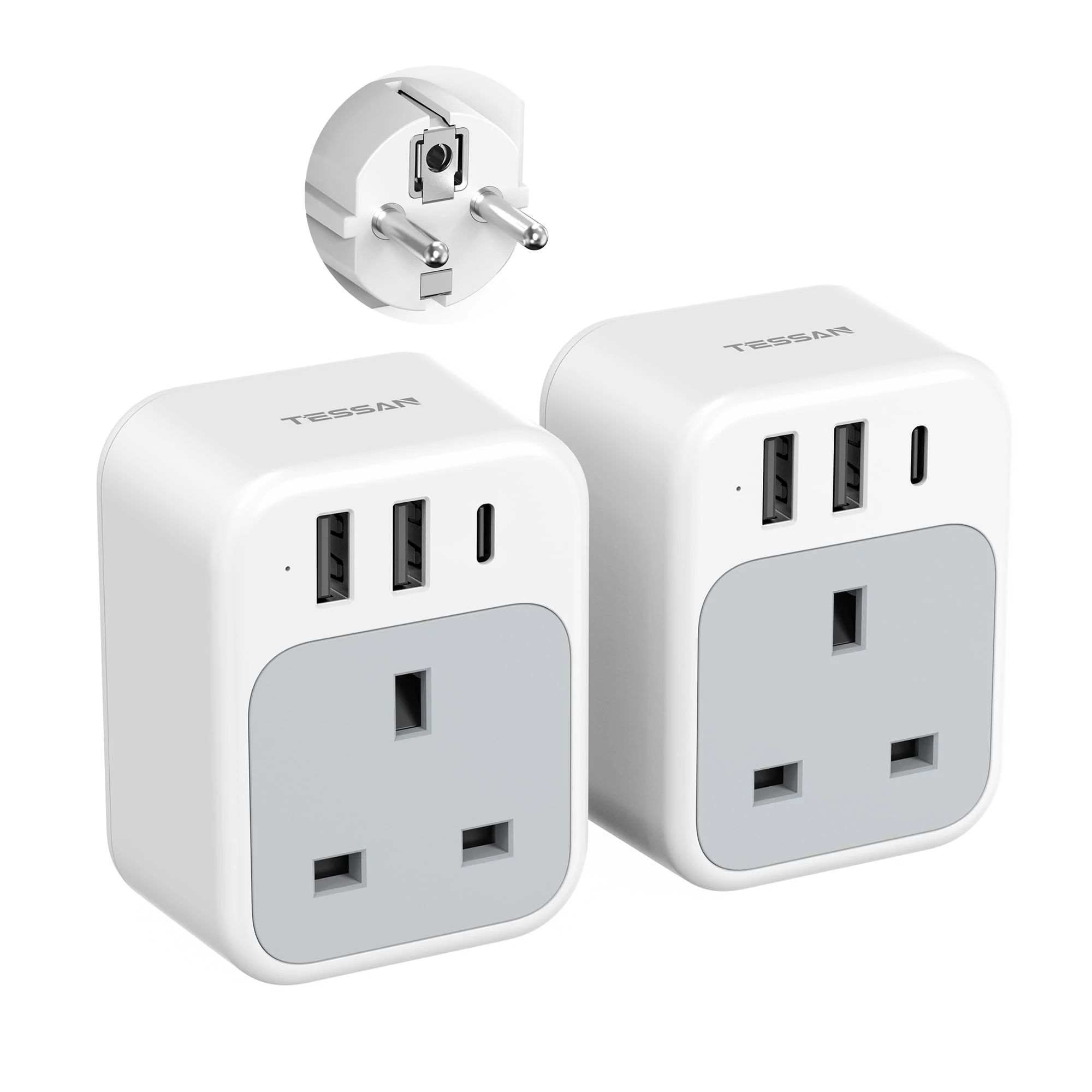 TESSAN UK to European Plug Adapter 2 Pack, USB C Travel Adapter UK to Europe with 3 USB, 4 in 1 Type E F EU Plug for Euro Spain France Turkey Germany Egypt Norway Iceland Greece Portugal Poland