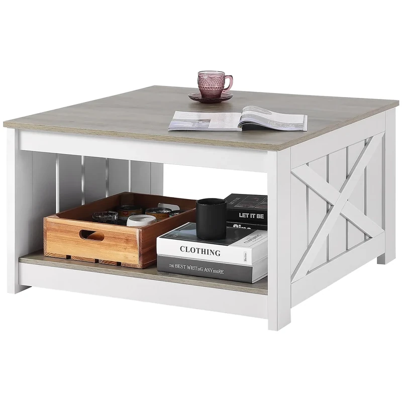 VEVOR 31.5" Farmhouse Coffee Table, Square Coffee Table with Open Storage Compartment, Wooden Rustic Cocktail for Living Room, Bedroom, Apartment, Studio, Gray & White