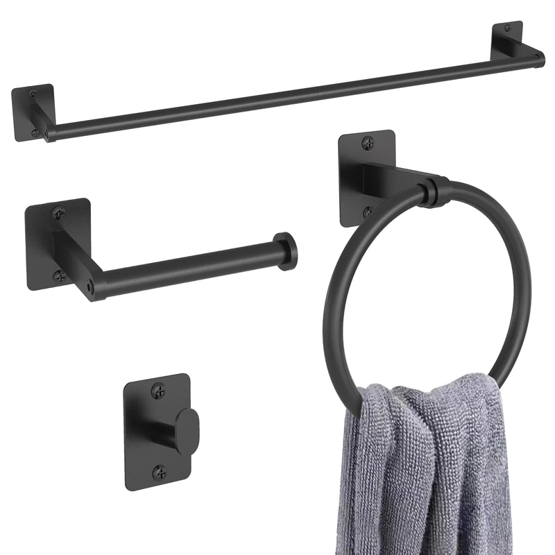 Toilet Roll Holder and Towel Rail Set, Gypie 4 Pieces Black Bathroom Accessories Set, Metal Bathroom Hardware Set Includes 24″ Black Towel Rail, Toilet Roll Holder, Towel Ring, and Wall Hook