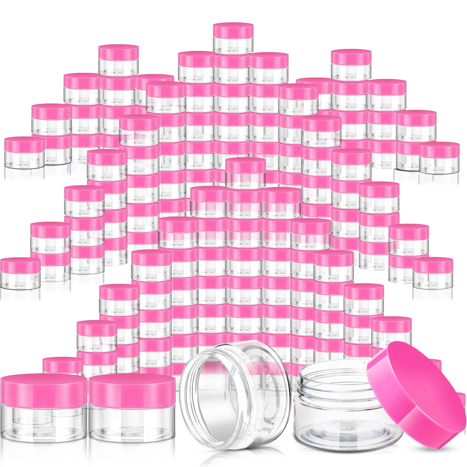 SATINIOR 100 Pcs Plastic Jars with Lids Small Containers Lids Wide Mouth Small Plastic Containers for Lotion Cream Rhinestones Body Butters Travel Storage(1 oz,Pink)