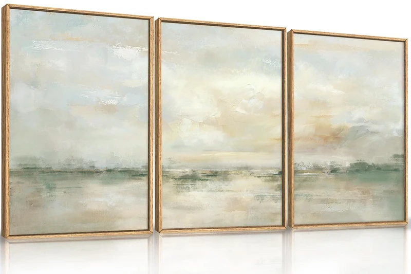 LHIUEM Large Abstract Green Gray Pastel Framed Canvas Wall Art,Beige Textured Illustrations Wall Decor, Neutral Landscape Artwork,Modern Watercolor Lake Art for Living Room,Bedroom,Office- 16"x24"x3