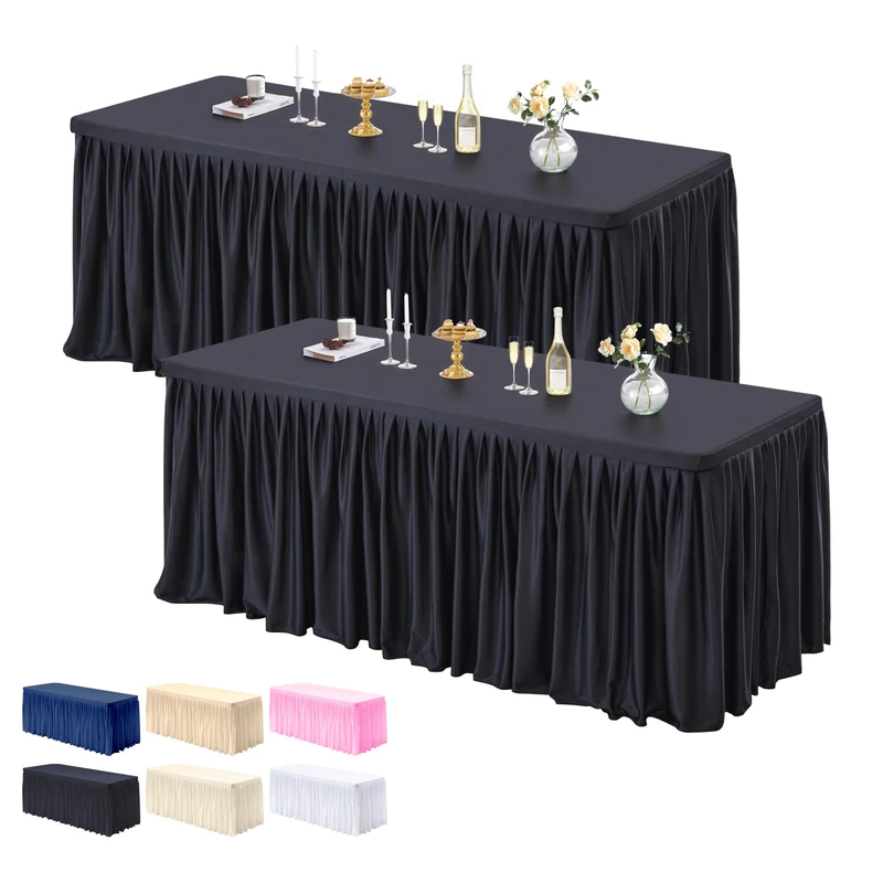 PARTISKY 2 Pack Black Tablecloths for Rectangle Tables 8ft, Wrinkle Resistant Black Table Cover Fitted Stretch Table Cloth with Pleated Ruffle Skirts for Party Banquet Dining Birthday Wedding