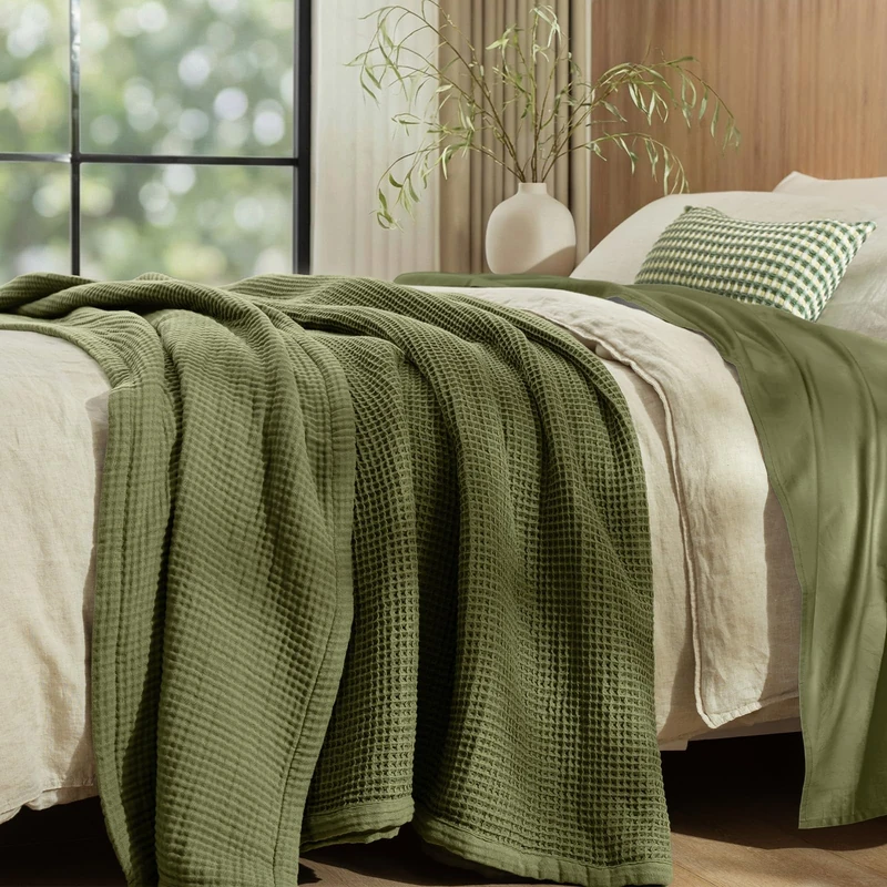 PHF Reversible Waffle & Muslin Blanket 100% Cotton 400GSM Twin Size 66" x 90", Breathable Lightweight and Soft, Luxury Aesthetic Waffle Gauze Blanket for Home Decor, Olive Green
