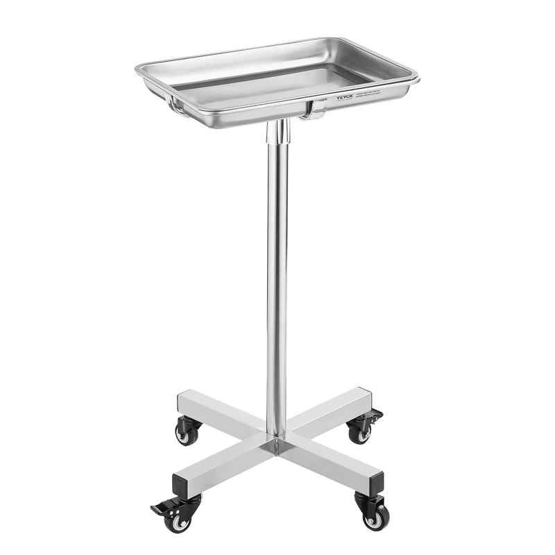 VEVOR Mayo Stand, Stainless Steel Mayo Tray, Load Capacity up to 35 lbs, Adjustable Height 25.2"-39.8", Medical Tray on Wheels for Spa, Salon, Clinic, Personal Care