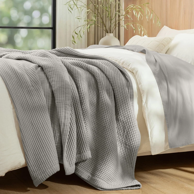 PHF Reversible Waffle & Muslin Blanket 100% Cotton 400GSM King Size 104" x 90", Breathable Lightweight and Soft, Luxury Aesthetic Waffle Gauze Blanket for Home Decor, Frosted Grey