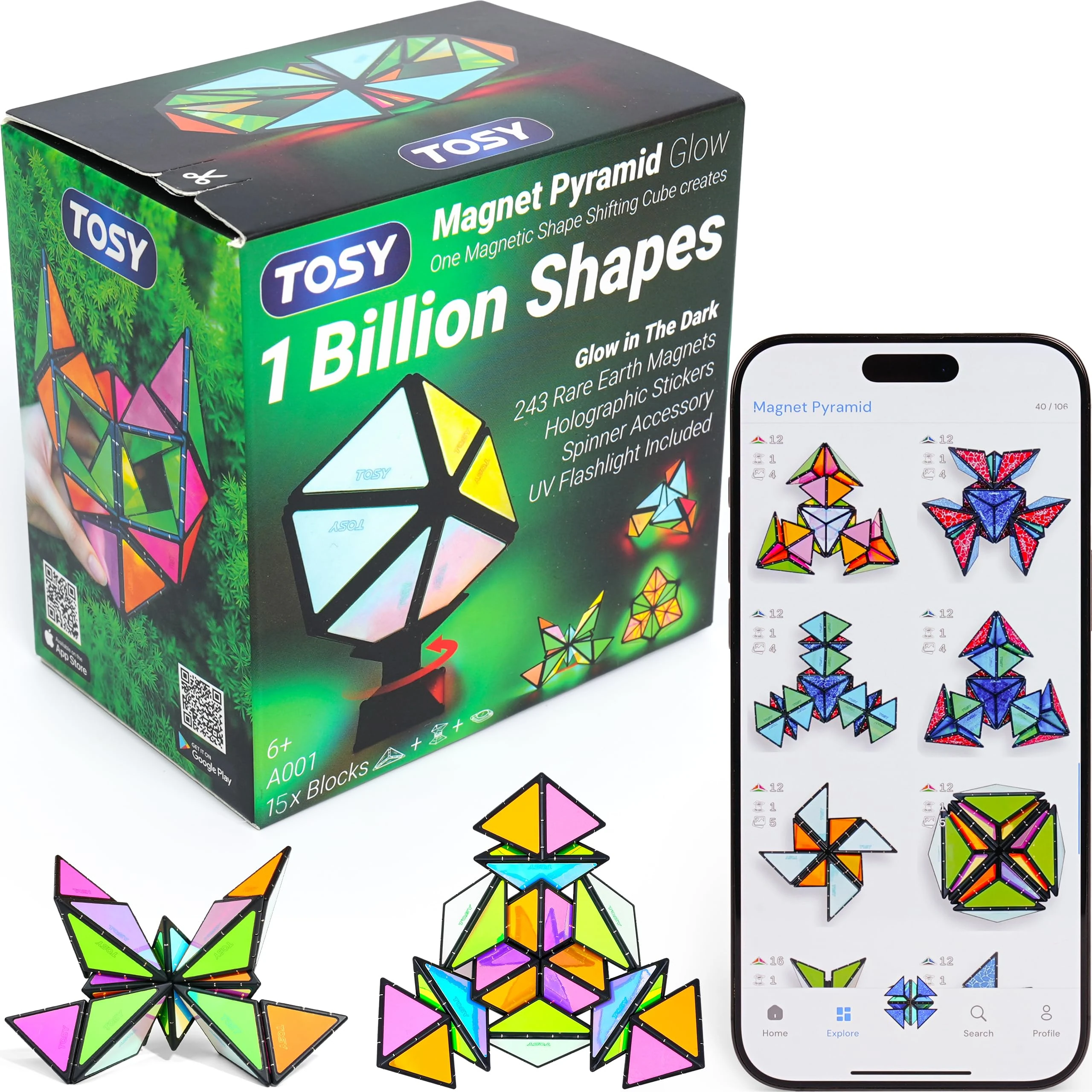 TOSY Magnet Pyramid Glow - 1 Cube Transforms into 1 Billion Shapes, 12 pieces, 243 Magnets, Glowing, Christmas Stocking Stuffers Gift for Kids, Holographic Design, Creative Puzzle STEM/STEAM Toy