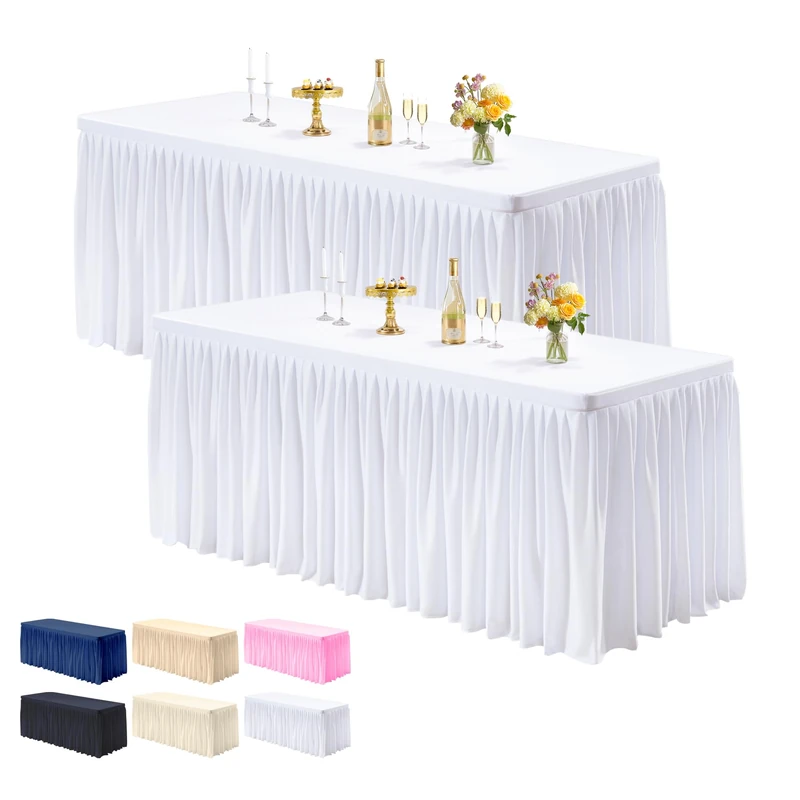 PARTISKY 2 Pack White Tablecloths for Rectangle Tables 8ft, Wrinkle Resistant White Table Cover Fitted Stretch Table Cloth with Pleated Ruffle Skirts for Party Banquet Dining Birthday Wedding