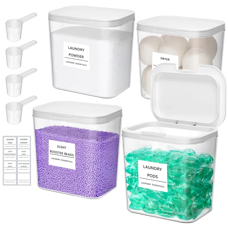 Lifewit 4 Pack Laundry Pods Container with Labels, Scoops and Pop-up Lid, Detergent/Powder/Capsule/Pot/Washing Tablets Storage Holder for Laundry, Bathroom, Kitchen Organisation,0.72gal