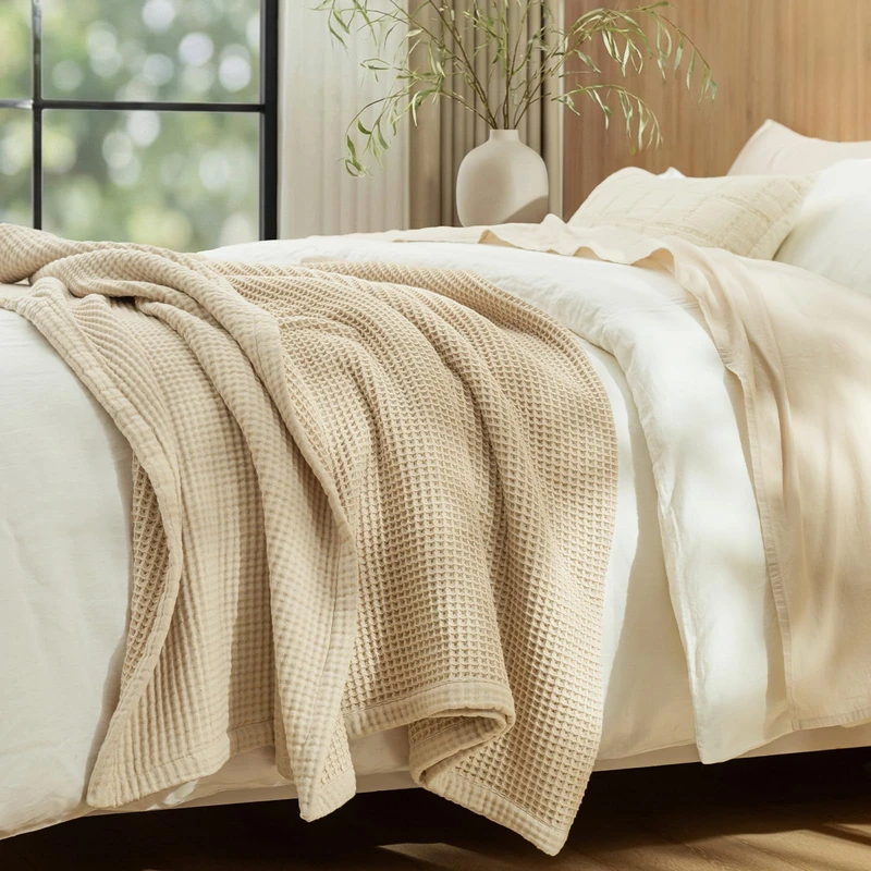 PHF Reversible Waffle & Muslin Blanket 100% Cotton 400GSM King Size 104" x 90", Breathable Lightweight and Soft, Luxury Aesthetic Waffle Gauze Blanket for Home Decor, Oak