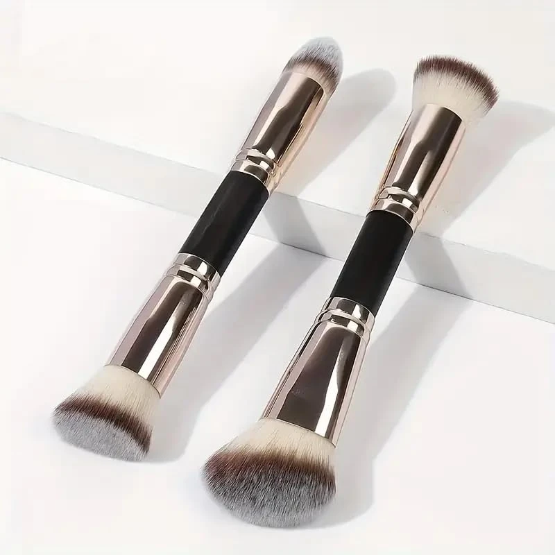 2pcs Double-Ended Foundation Brush SetRound, Flat & Beveled Ends, Soft Nylon Bristles, ABSHandle, Unscented, Universal Skin Type