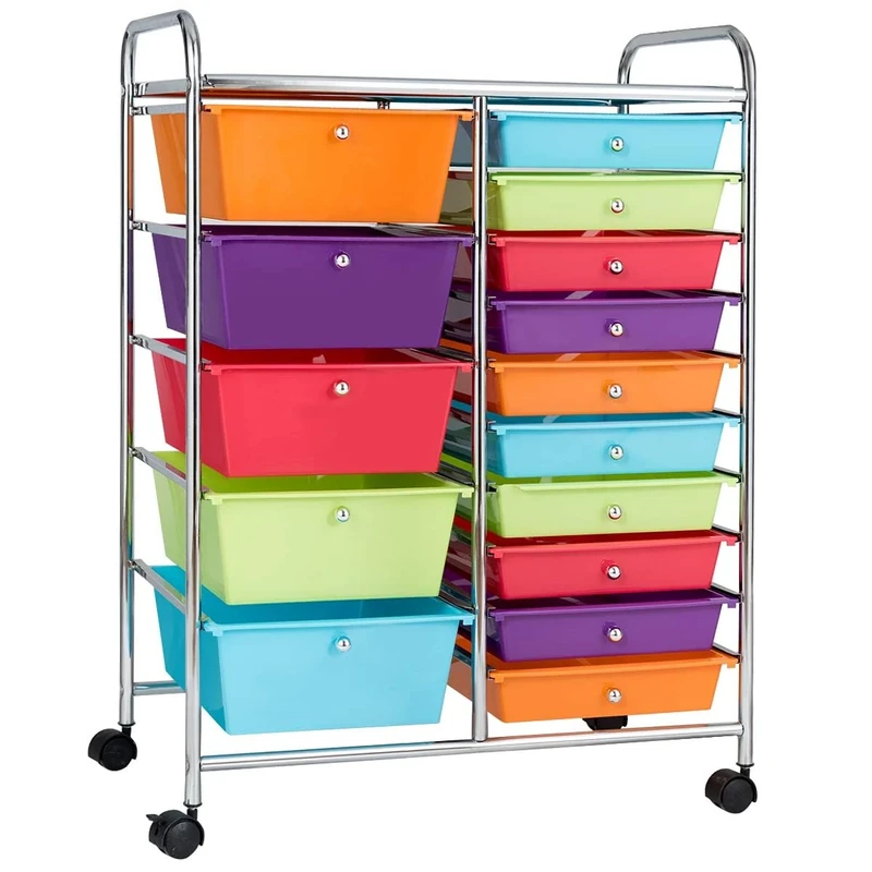 FANTASK Rolling Trolley with 15 Stackable Drawers, Drawer Trolley, Rolling Container with Metal Frame, Bathroom Trolley Storage Trolley for Office, Living Room, 62.5 x 37 x 87 cm