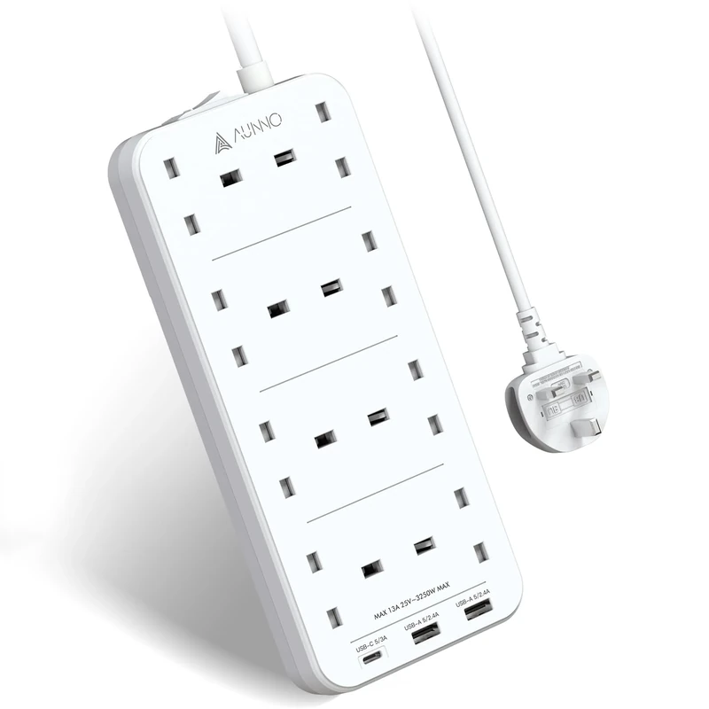 AUNNO 8-Way Lead 1.8M with 2 USB-A, 1 USB-C & Surge Protection
