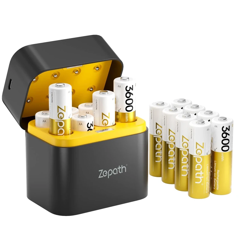 Rechargeable Lithium Batteries Pack of 16 with Charger, 3600 mWh High Capacity 1.5 V AA Batteries, Long Lasting Rechargeable Li-ion Battery with Integrated Charging Storage Box