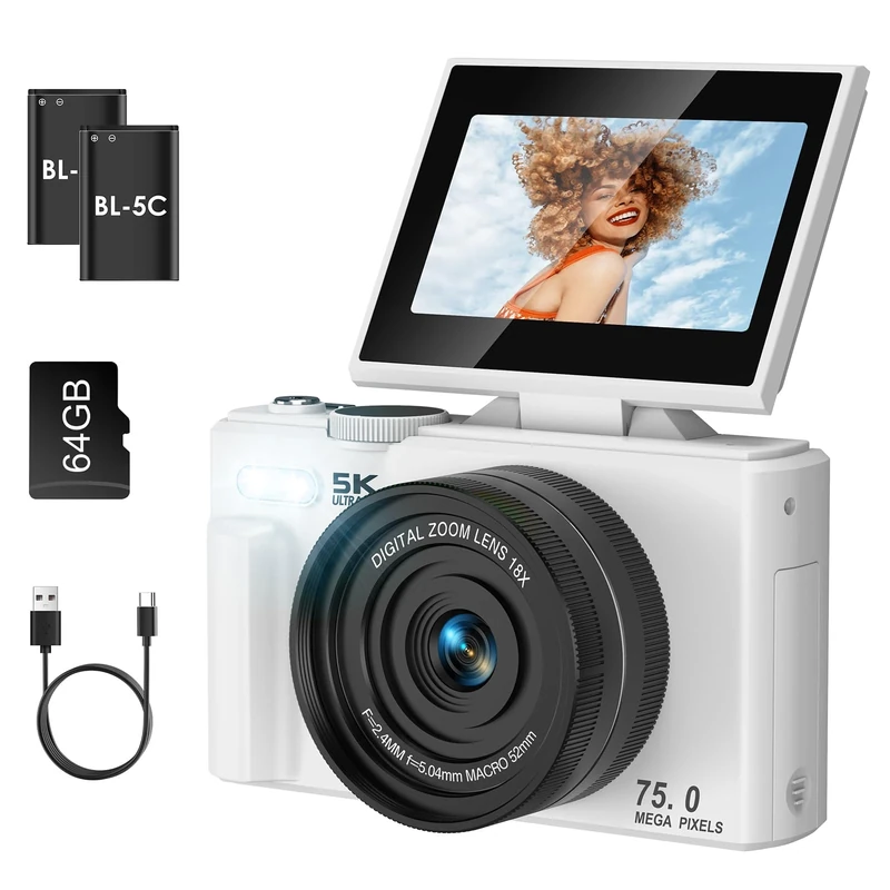 Nsyee 5K Digital Camera, 75MP Autofocus Video Blog Camera with 64G SD Card, 3 Inch 180° Flip Screen, WIFI Transmission, 18x Digital Zoom, Compact Cameras, Suitable for Teens, Beginners, Adults, White
