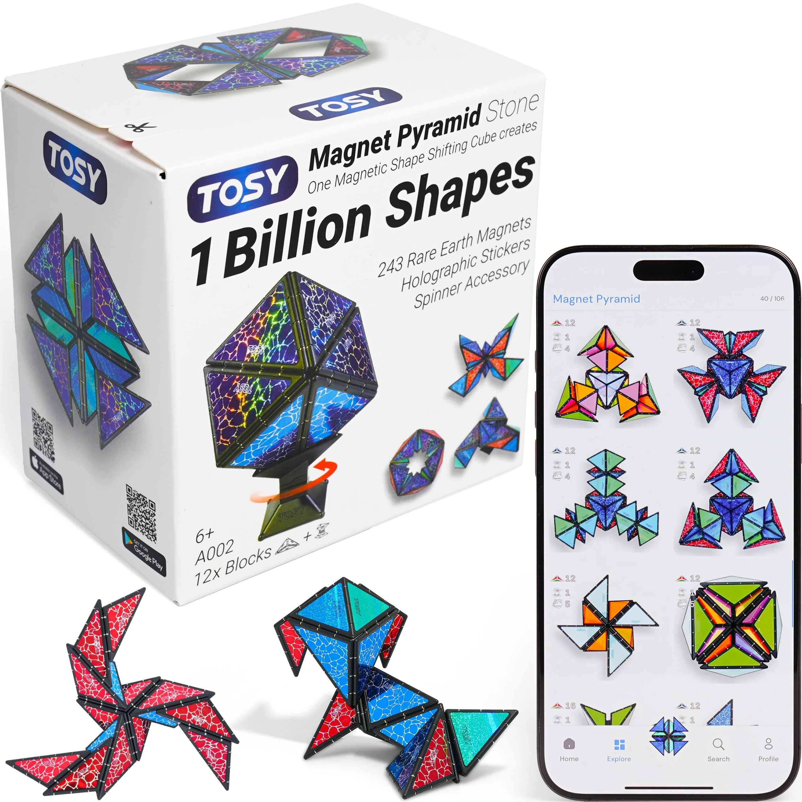 TOSY Magnet Pyramid Stone - 1 Cube Transforms into 1 Billion Shapes, 12 pieces, 243 Magnets, Christmas Stocking Stuffers Gift for kids, Holographic Design, Creative Puzzle STEM Toy