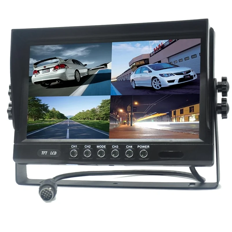Pardarsey 9" TFT LCD Car Rearview Quad Split Monitor,Remote Control, 4 Channels 4-PIN Connector Video Inputs Shockproof - 12V-24V 800480HD Screen w/Sunshade Anti-Glare