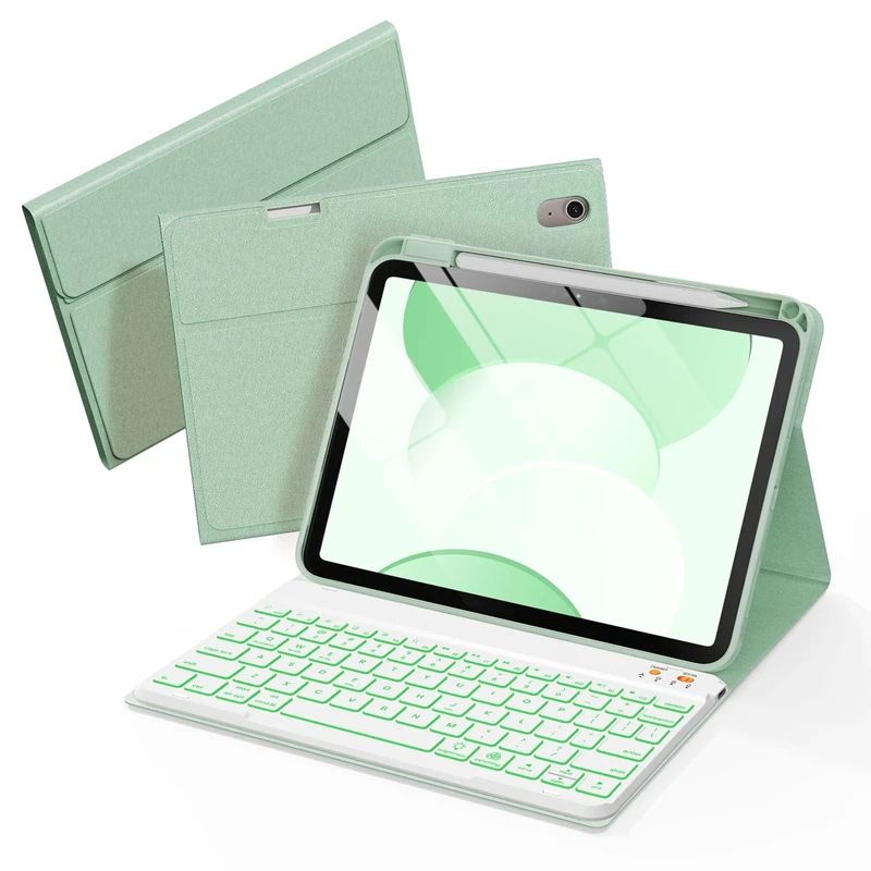 Senyoson Folio Keyboard Case for iPad 10th Gen 10.9 inch (2022) and iPad 11th (A16, 2025), Magnetic Wireless Detachable Keyboard, 7-Color Backlight, Thin & Light, Pencil Holder (Green)