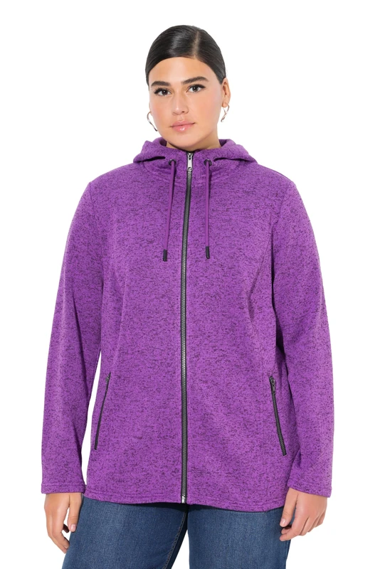 Ulla Popken Women's Knitted Fleece Jacket, Hood, Zip Pockets, Zip-Up Sweatshirts, Purple, 42/44, purple, 42-44