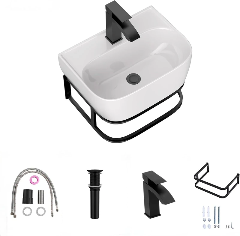 Lordear Wall Mounted Vessel Sink 16x11 Inch, U-Shape White Porcelain Bathroom Sink with Black Faucet and Support Pedestal Legs, Wall Hung Vanity Sink with Towel Rack for Small Bathrooms