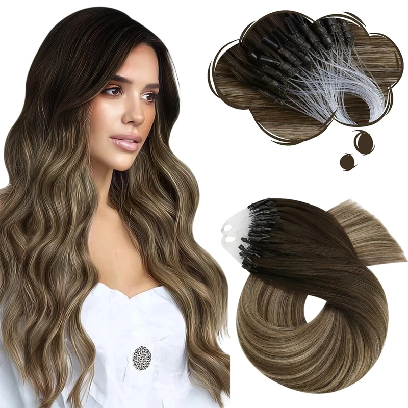 Moresoo Micro Ring Hair Extensions Real Human Hair Brown Root Balayage Brown to Blonde Micro Beads Hair Extensions Cold Fusion Highlight without damaging hair 1g/s 50g/Pack #4/10/16 22 Inch