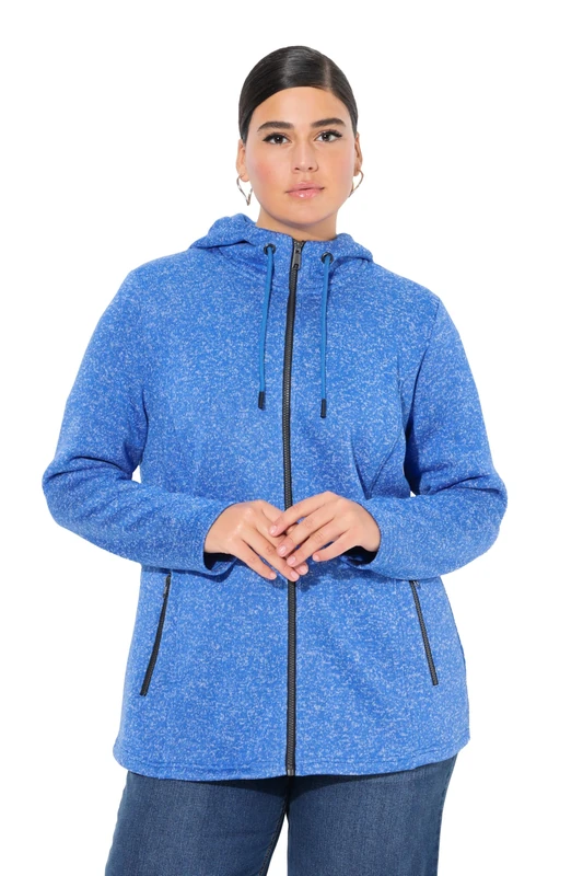 Ulla Popken Womenswear Plus Size Curvy Melange Knit Fleece Lined Hooded Jacket Peacock Blue 42+ 814634740-42+