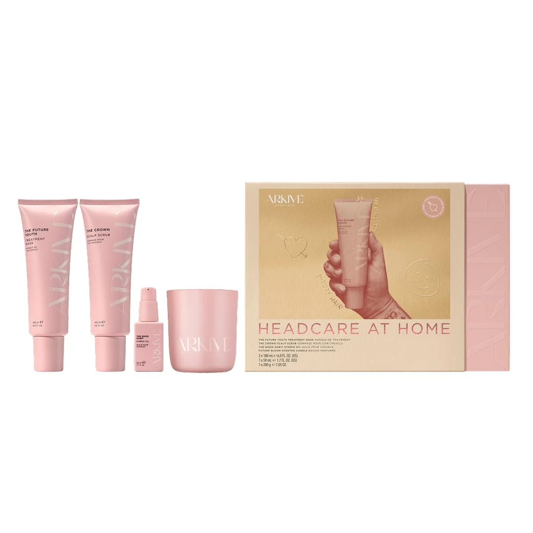Arkive Headcare at Home Gift Set of 4 - The Crown Scalp Scrub - Future Youth Treatment Mask - The Good Habit Hybrid Oil - Future Bloom Scented Candle - Travel Friendly Hydrating Haircare Set